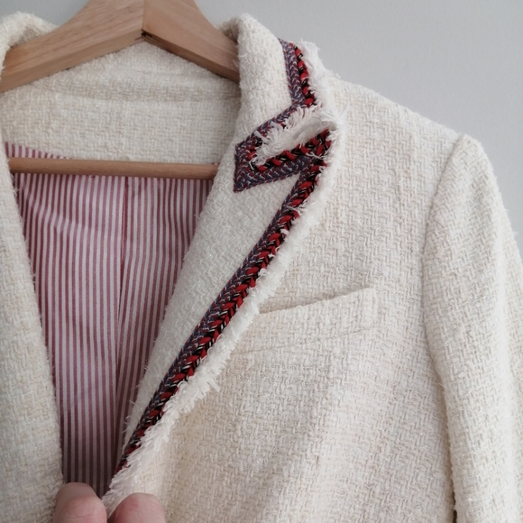 Veronica Beard Raw Edge Cutaway White Tweed Dickey Blazer with Red Trim 0 - Picture 12 of 17